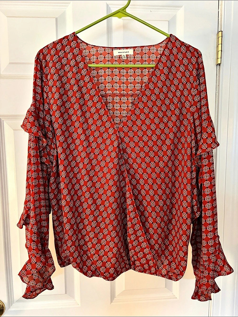 Max Studio Geometric Ruffle Sleeve Blouse in Red